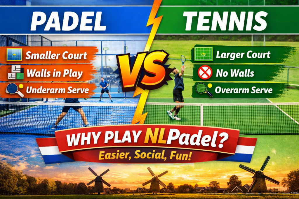 Padel vs tennis comparison thumbnail showing padel court with walls and underarm serve versus tennis court with overarm serve, highlighting why NLPadel is easier and more social.